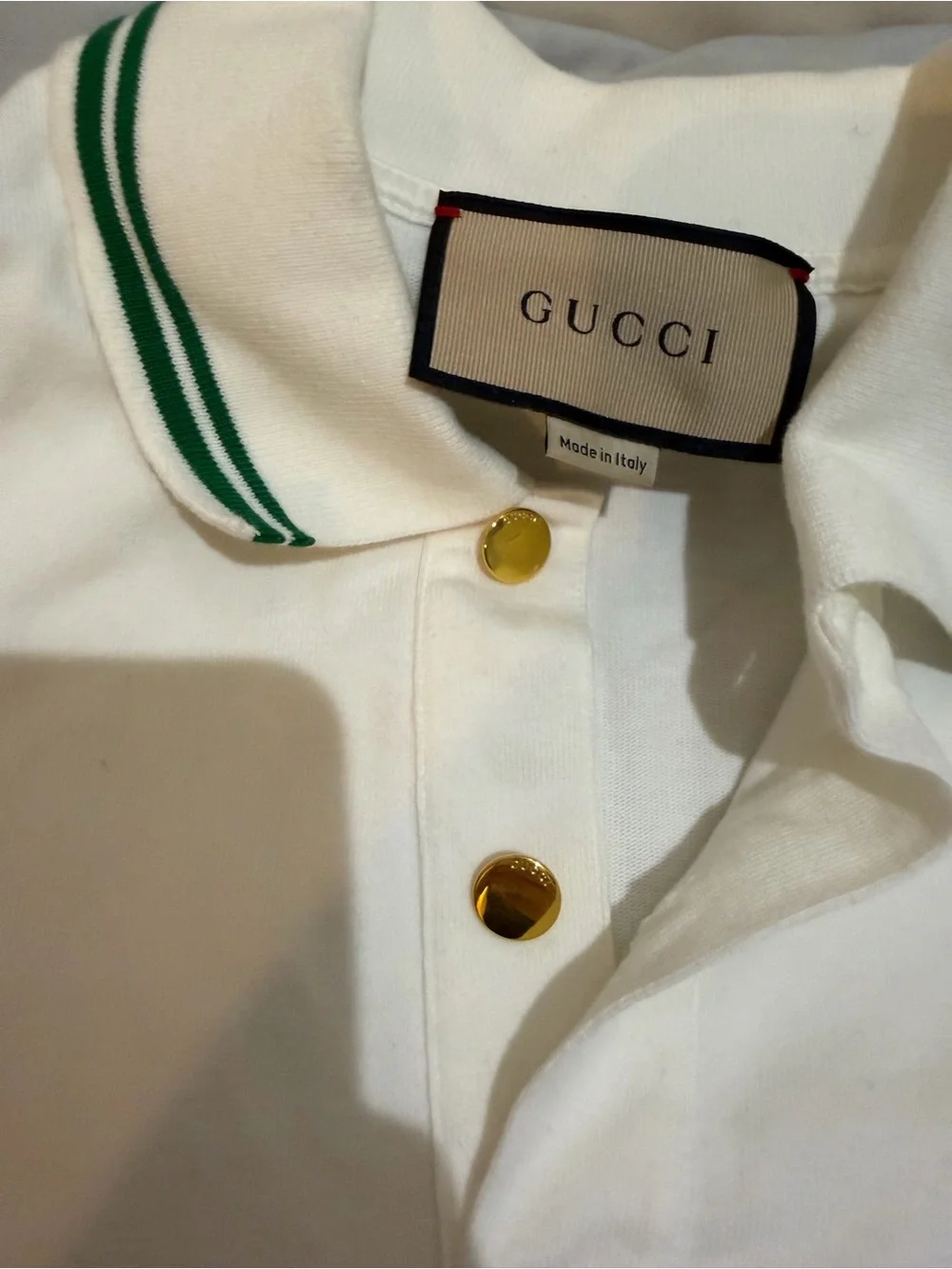 Gucci White Polo with Green Stripe Trim and Chest Web